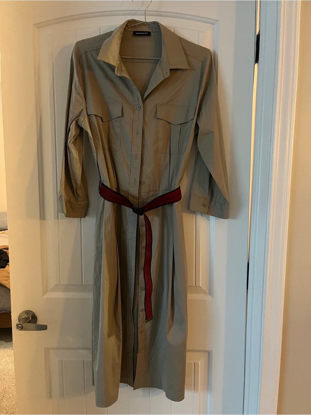 Beige Long Trench Shirt Dress with Red Waist Belt